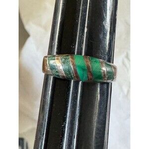 Vintage Sterling Silver 925 Inlaid Malachite Dome Band Ring Size 8  4.01g